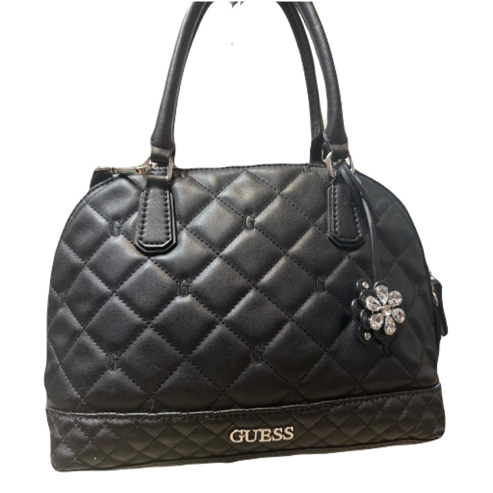 Black Quilted Floral Satchel by GUESS
